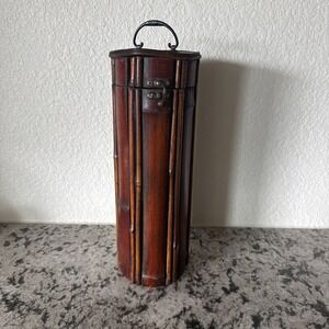 Vintage Wooden Bamboo Wine Bottle Holder Carrying Case Carrier Gift or Display